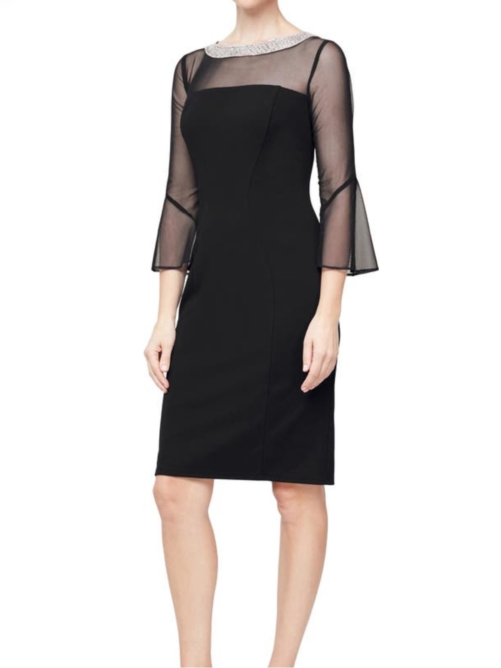 Alex Evenings Black Sheer Yoke Midi Dress with Embellished Neckline